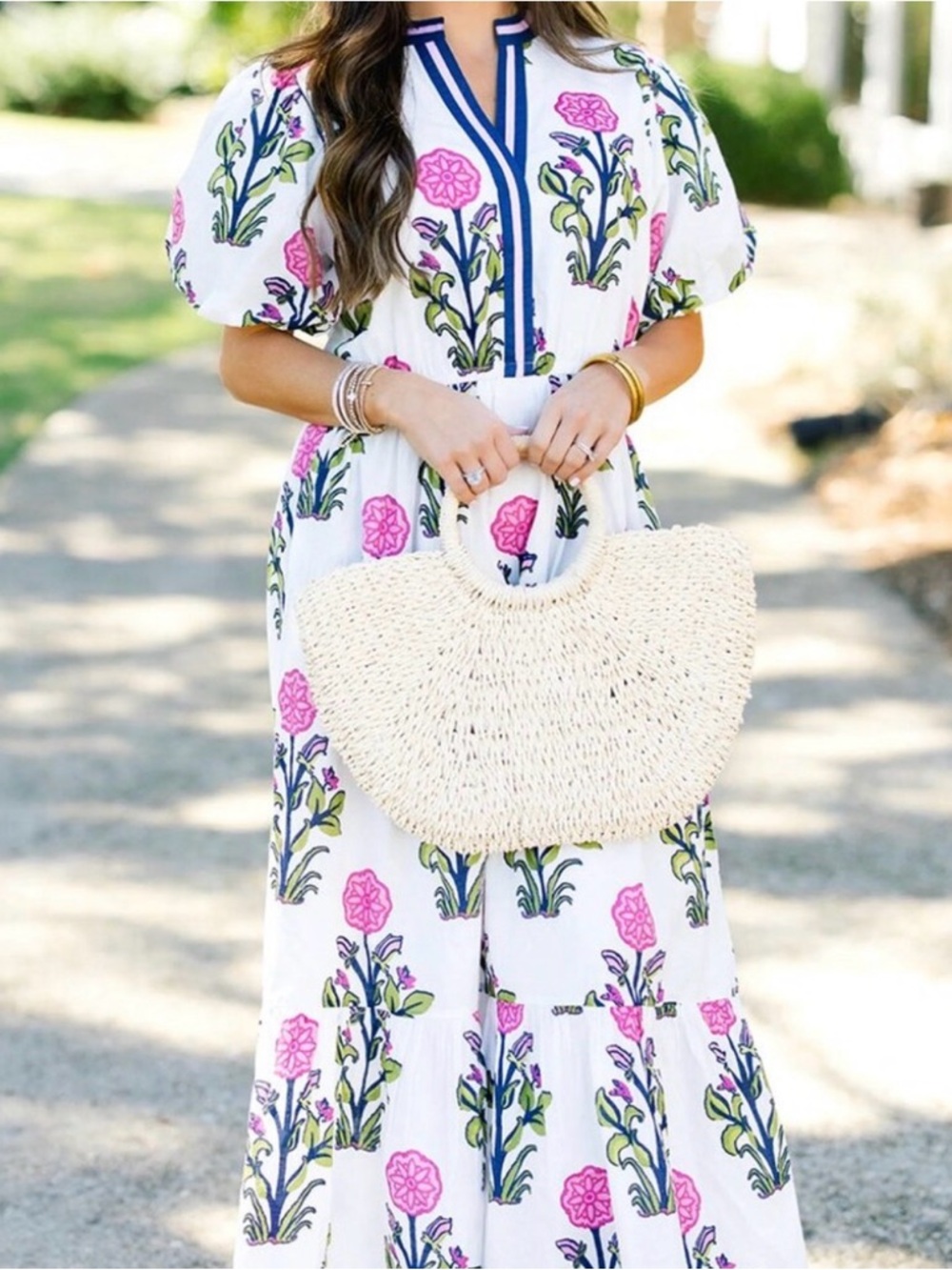 💙 NWT 💙 THML • White Floral Puff Sleeve Maxi Dress with Contrast Collar • Small - Picture 2 of 16